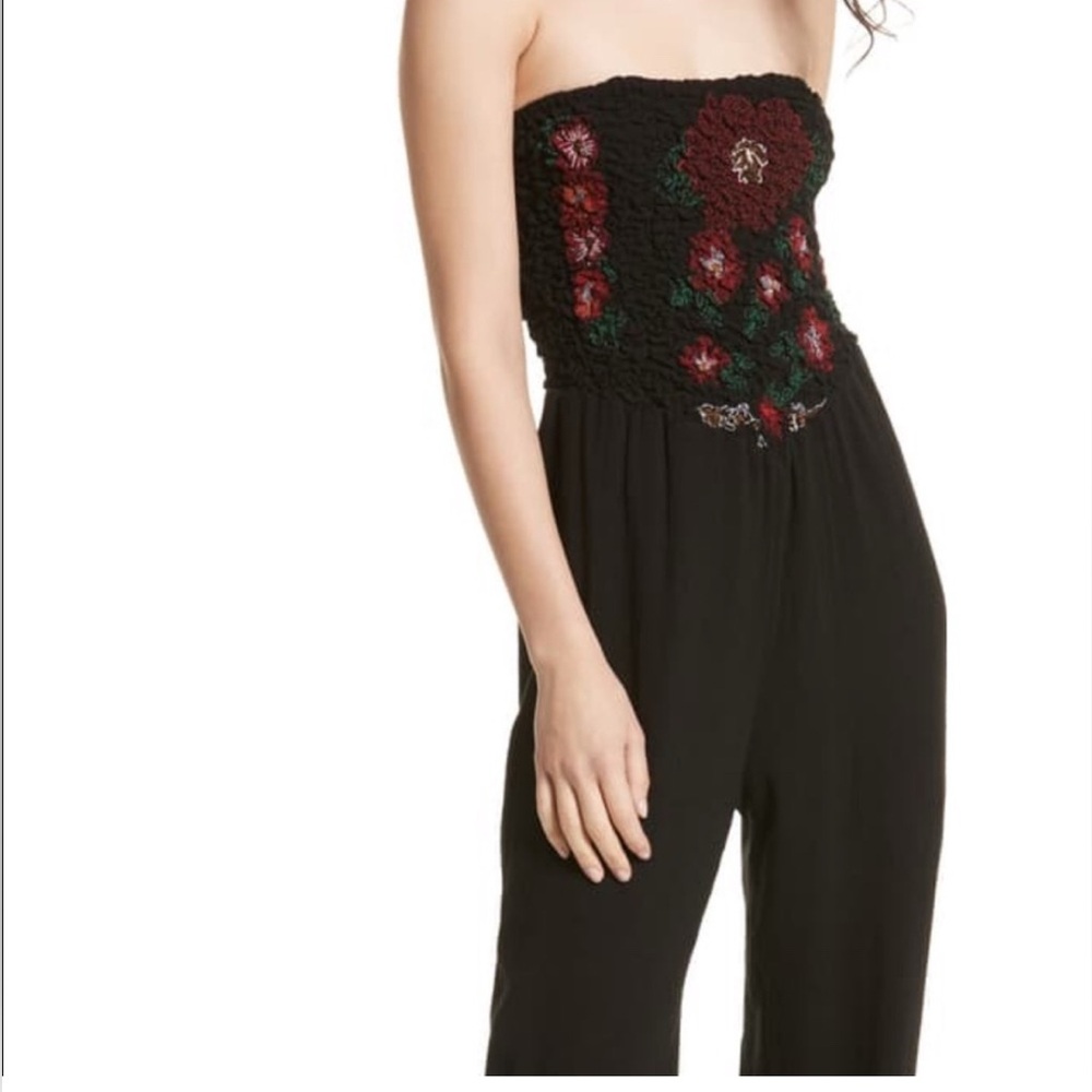Free People Embroidered Black Strapless Jumpsuit Sz Small